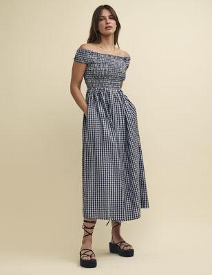 Pure Cotton Gingham Bardot Midaxi Shirred Dress