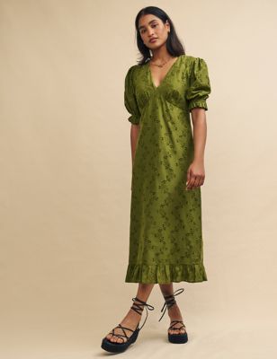 Nobody'S Child Womens Pure Cotton Embroidered V-Neck Midaxi Dress - 16 - Green, Green