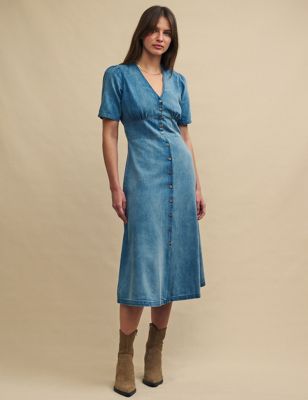 Nobody'S Child Womens Denim V-Neck Midi Tea Dress - 18 - Blue, Blue