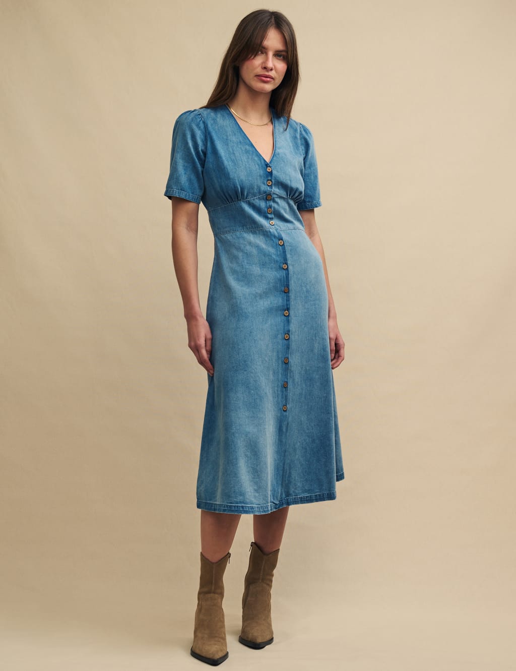 Denim V-Neck Midi Tea Dress