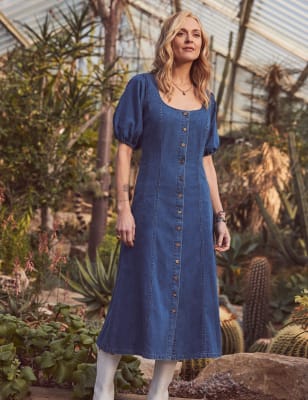 Denim Scoop Neck Midi Tea Dress