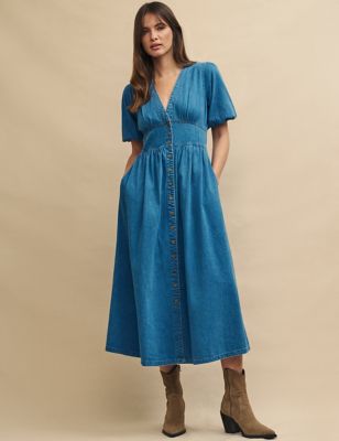 Nobody'S Child Women's Denim V-Neck Waisted Midaxi Dress - 10 - Blue, Blue