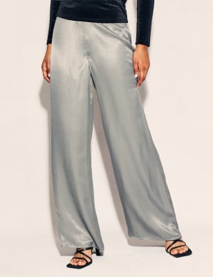 Satin Elasticated Waist Wide Leg Trousers | M&S SK