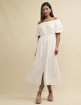 Nobody'S Child Women's Pure Cotton Broderie Bardot Waisted Midaxi Dress - 8 - White, White