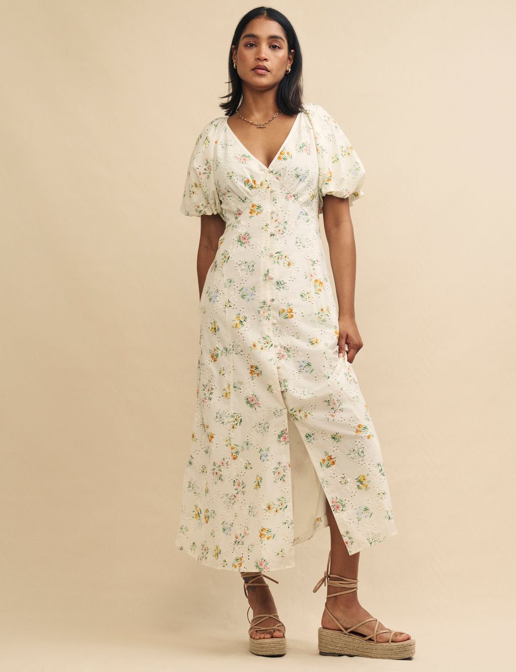Pure Cotton Floral V-Neck Midaxi Waisted Dress