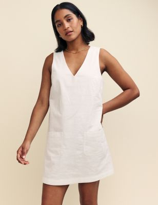 Nobody'S Child Womens Cotton Rich V-Neck Mini Shift Dress - 10 - White, White,Black