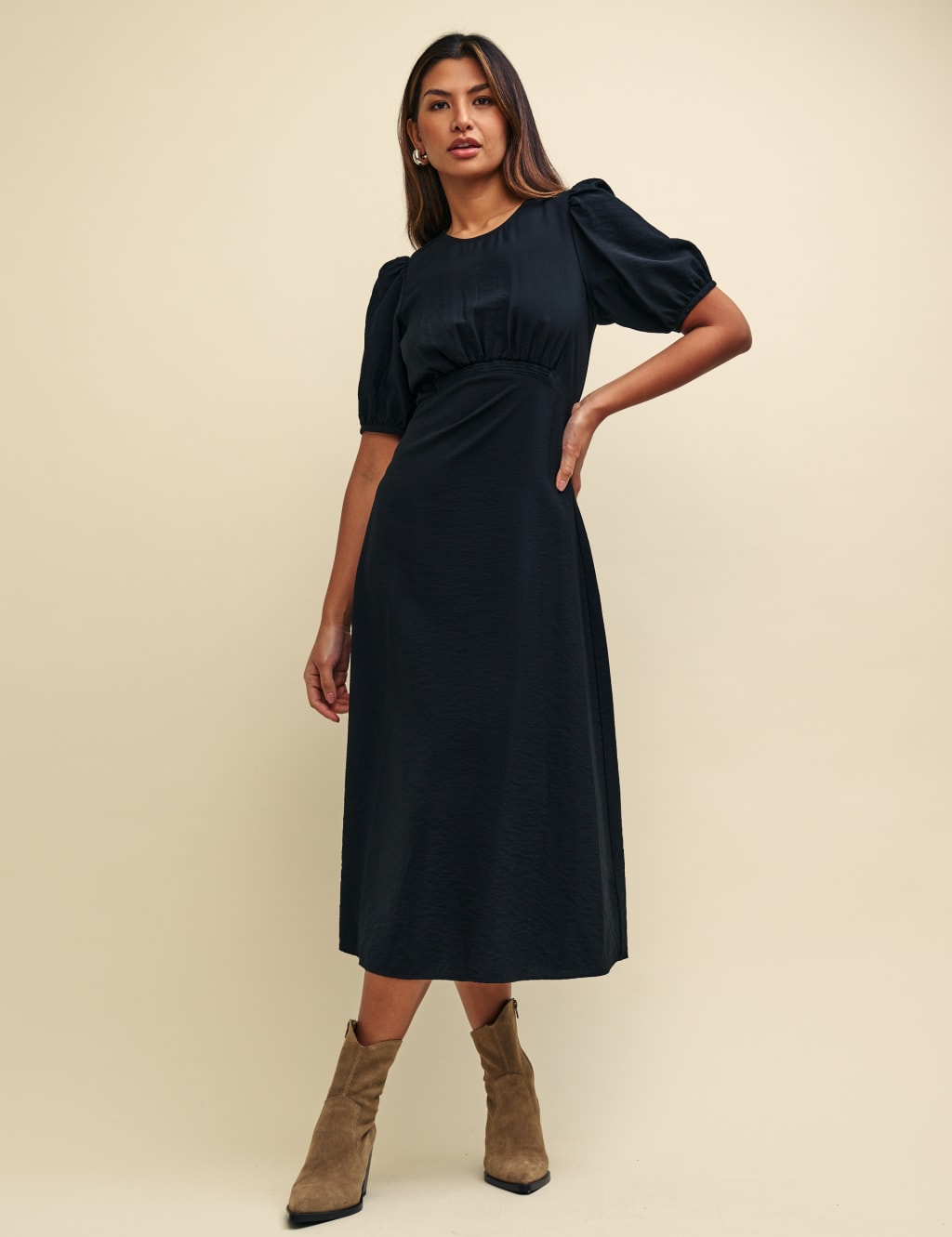 Puff Sleeve Midi Waisted Dress image 2