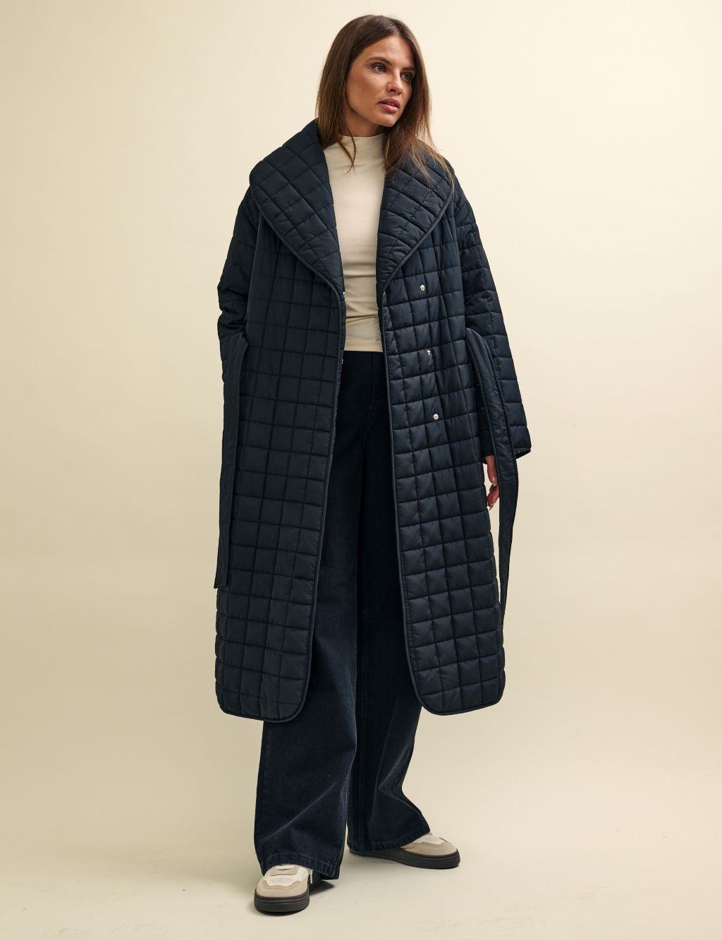 Quilted Belted Shawl Collar Wrap Coat image 5