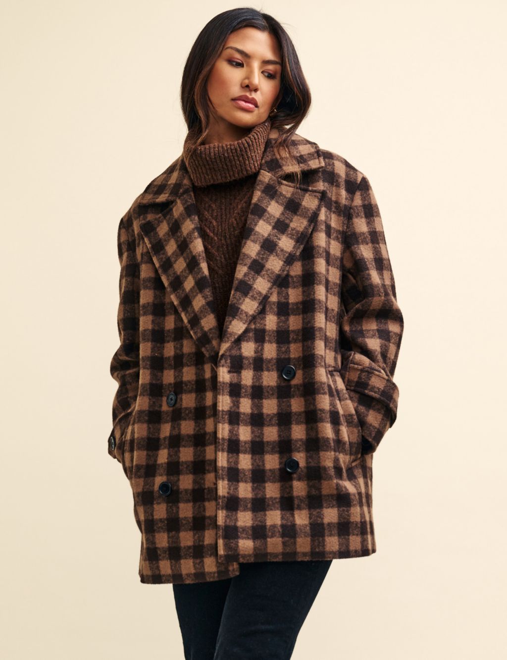 Checked Double Breasted Relaxed Pea Coat image 2