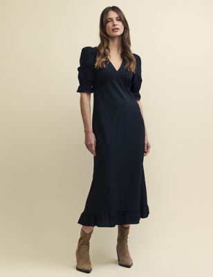 Nobody'S Child Women's Cotton Blend V-Neck Midi Tea Dress - 14 - Black, Black