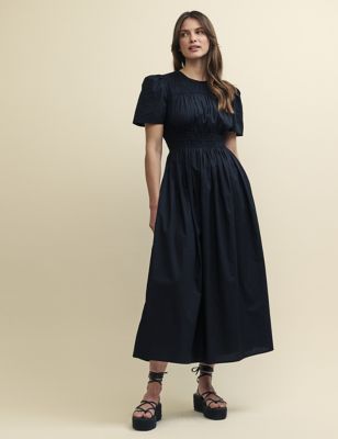 Nobody'S Child Women's Pure Cotton Puff Sleeve Midaxi Waisted Dress - 12 - Black, Black