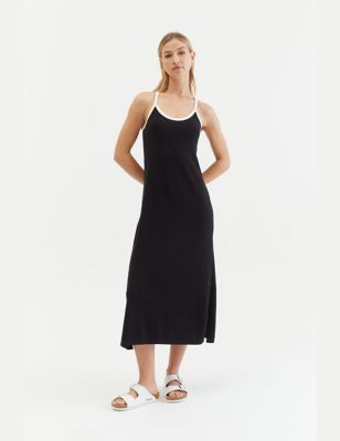 Chinti & Parker Womens Cotton Rich Midaxi Slip Dress - Black, Black,Dark Pink