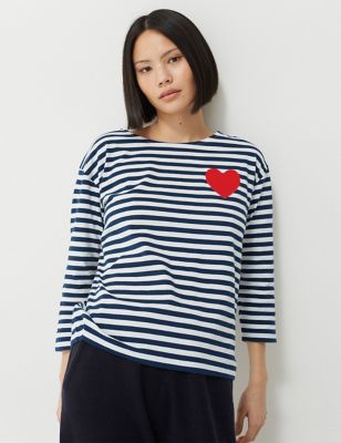 Chinti & Parker Womens Pure Cotton Striped Heart T-Shirt - M - Navy Mix, Navy Mix