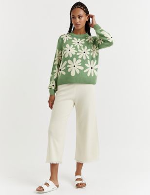 Chinti & Parker Womens Wool Rich Floral Sweatshirt with Cashmere - Green Mix, Green Mix,Orange Mix
