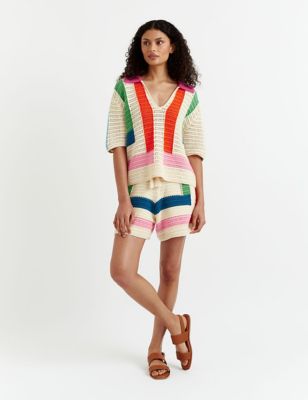Chinti & Parker Women's Pure Cotton Colour Block Crochet Shorts - XL - Cream Mix, Cream Mix