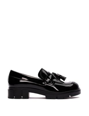Clarks Women's Leather Slip On Block Heel Loafers - 4 - Black, Black