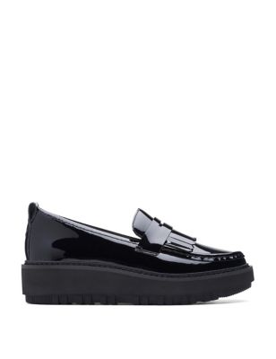 Clarks Womens Leather Patent Flatform Loafers - 5.5 - Black, Black