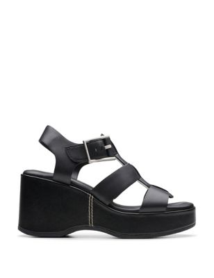 Clarks Womens Leather Wedge Sandals - 3.5 - Black, Black,Tan