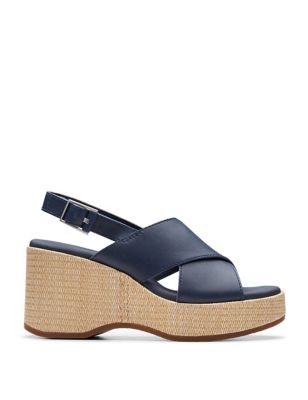 Clarks Womens Leather Wedge Sandals - 4.5 - Navy, Navy,White