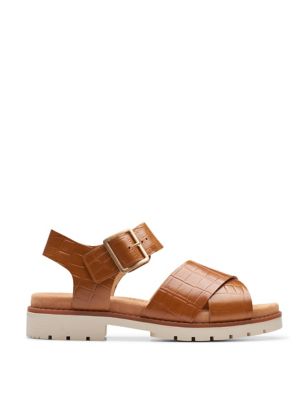 Clarks Womens Leather Ankle Strap Flat Sandals - 3 - Tan, Tan,Black
