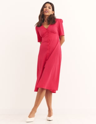 

Womens Nobody's Child Midi-Teekleid mit V-Ausschnitt und Leinenanteil „Alexa“ - Pink, Pink