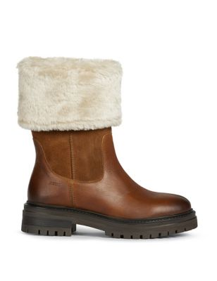 Geox Womens Leather Faux Fur Chunky Winter Boots - 4 - Cognac, Cognac,Black