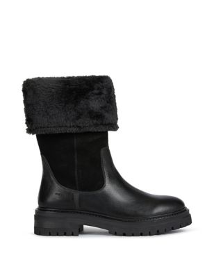 Geox Womens Leather Faux Fur Chunky Winter Boots - 4 - Black, Black