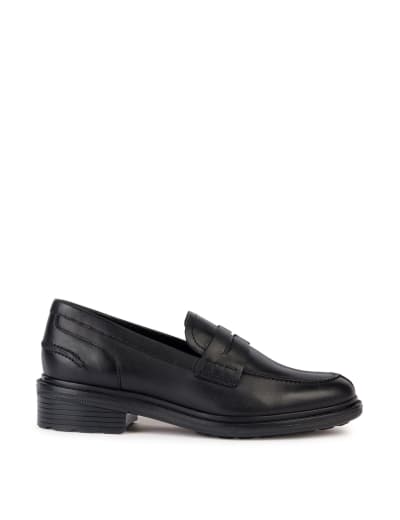 Leather Slip On Block Heel Loafers