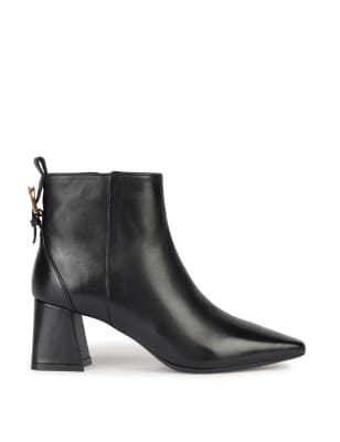 Leather Block Heel Pointed Ankle Boots