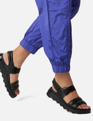 Sorel Womens Leather Riptape Flatform Sandals - 4 - Black, Black,Cream