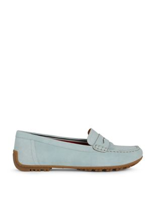 Geox Women's Suede Slip On Flat Loafers - 3 - Light Blue, Light Blue,Camel