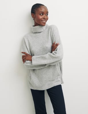 Marks And Spencer Womens Nobody's Child Cotton Blend Roll Neck Longline Jumper - Grey Mix