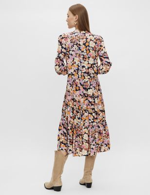 M&S Y.A.S Womens Floral Button Front Midi Tiered Shift Dress