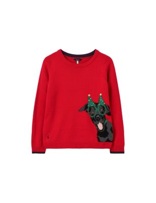 M&S Joules Womens Dog Motif Festive Jumper with Wool