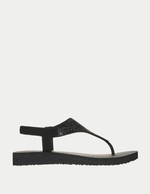 Skechers Women's Meditation Rockstar Flat Sandals - 4 - Black, Black,Taupe