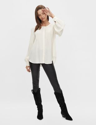 M&S Y.A.S Womens Plisse Round Neck Long Sleeve Shirt