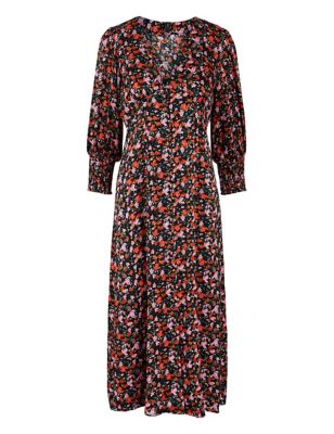 M&S Y.A.S Womens Floral V-Neck Midaxi Shirt Dress