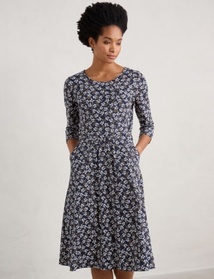 Seasalt Cornwall Women's Cotton Rich Floral Midi Skater Dress - 20REG - Navy Mix, Navy Mix