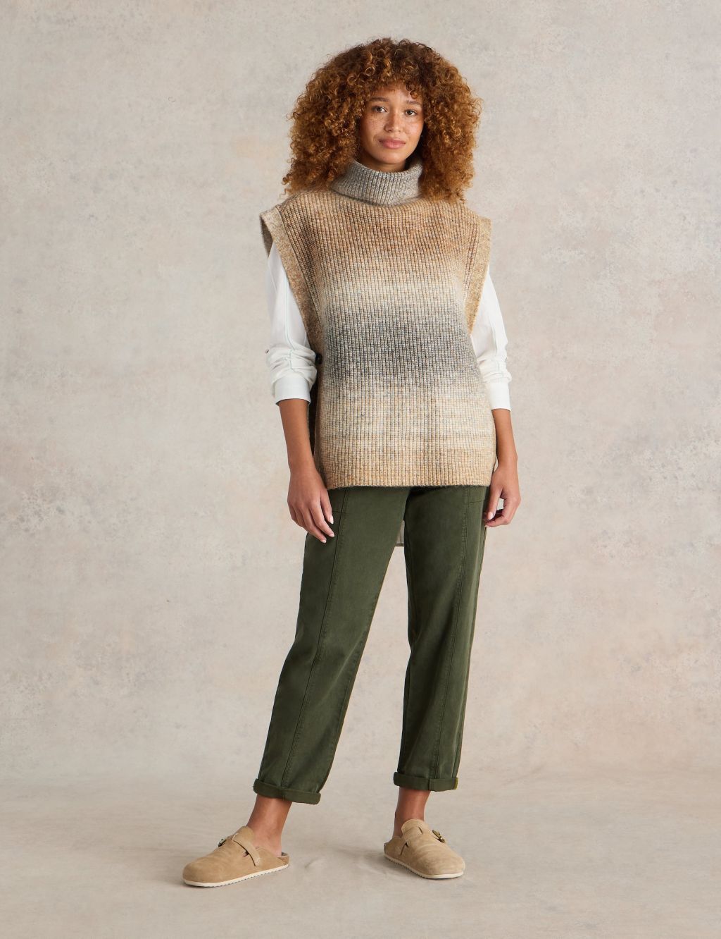 Knitted Ombré Side Button Poncho with Wool QT