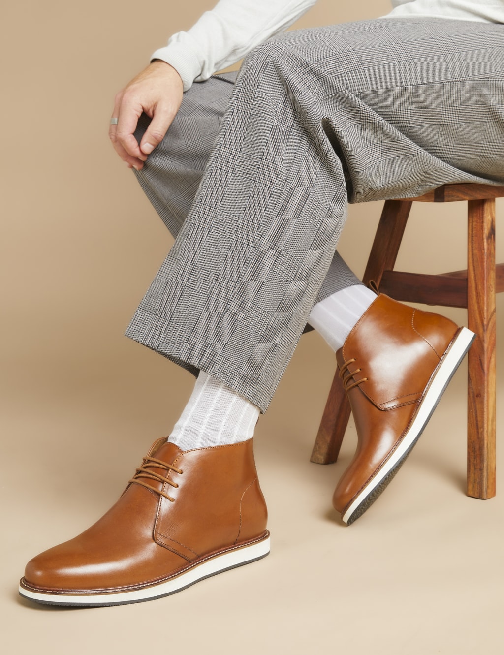 Mens brown boots white sale sole