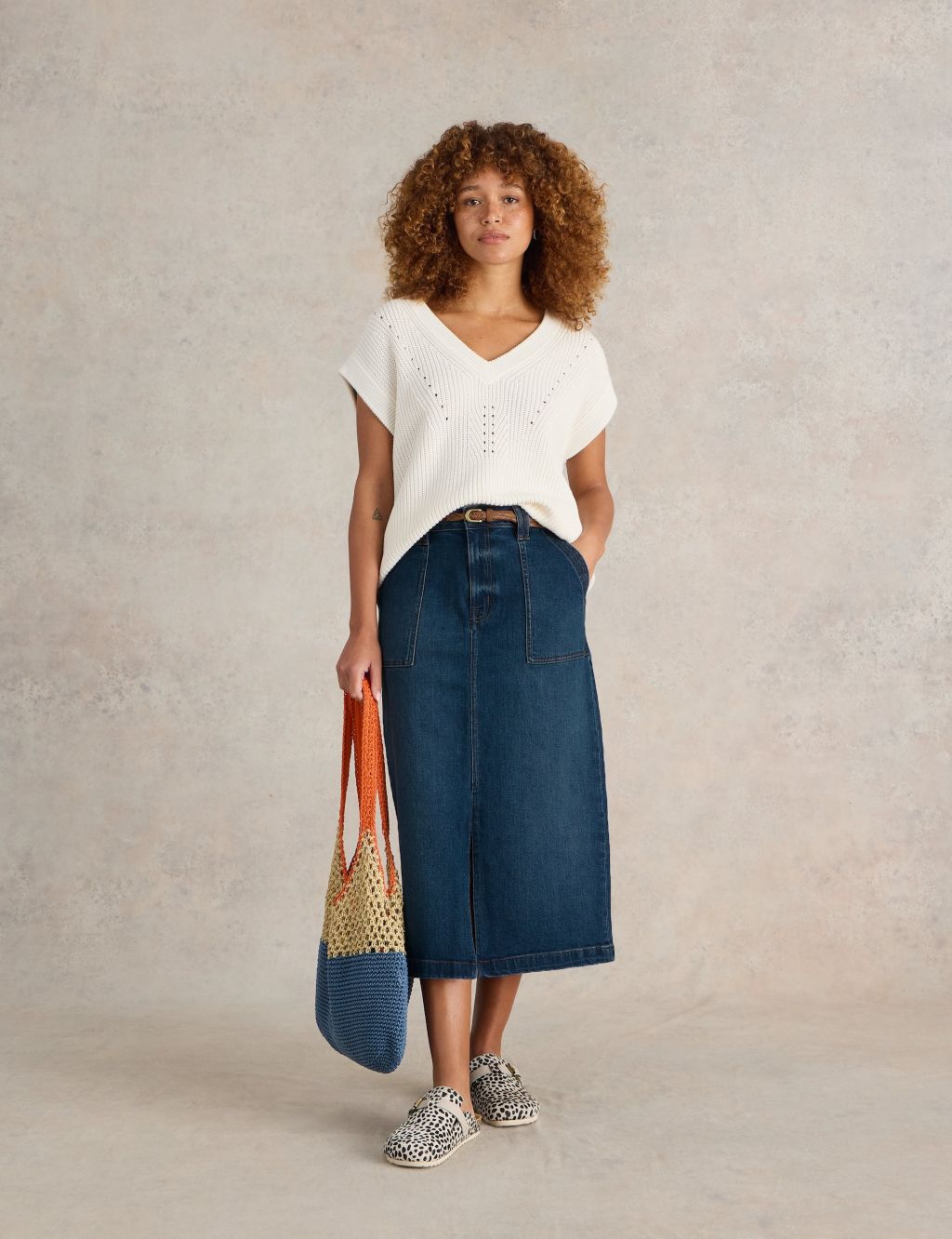 Cotton Rich Denim Midi Skirt