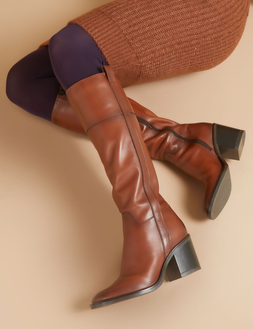 Leather Block Heel Knee High Boots