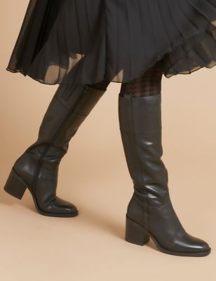 Jones Bootmaker Women's Leather Block Heel Knee High Boots - 5 - Black, Black