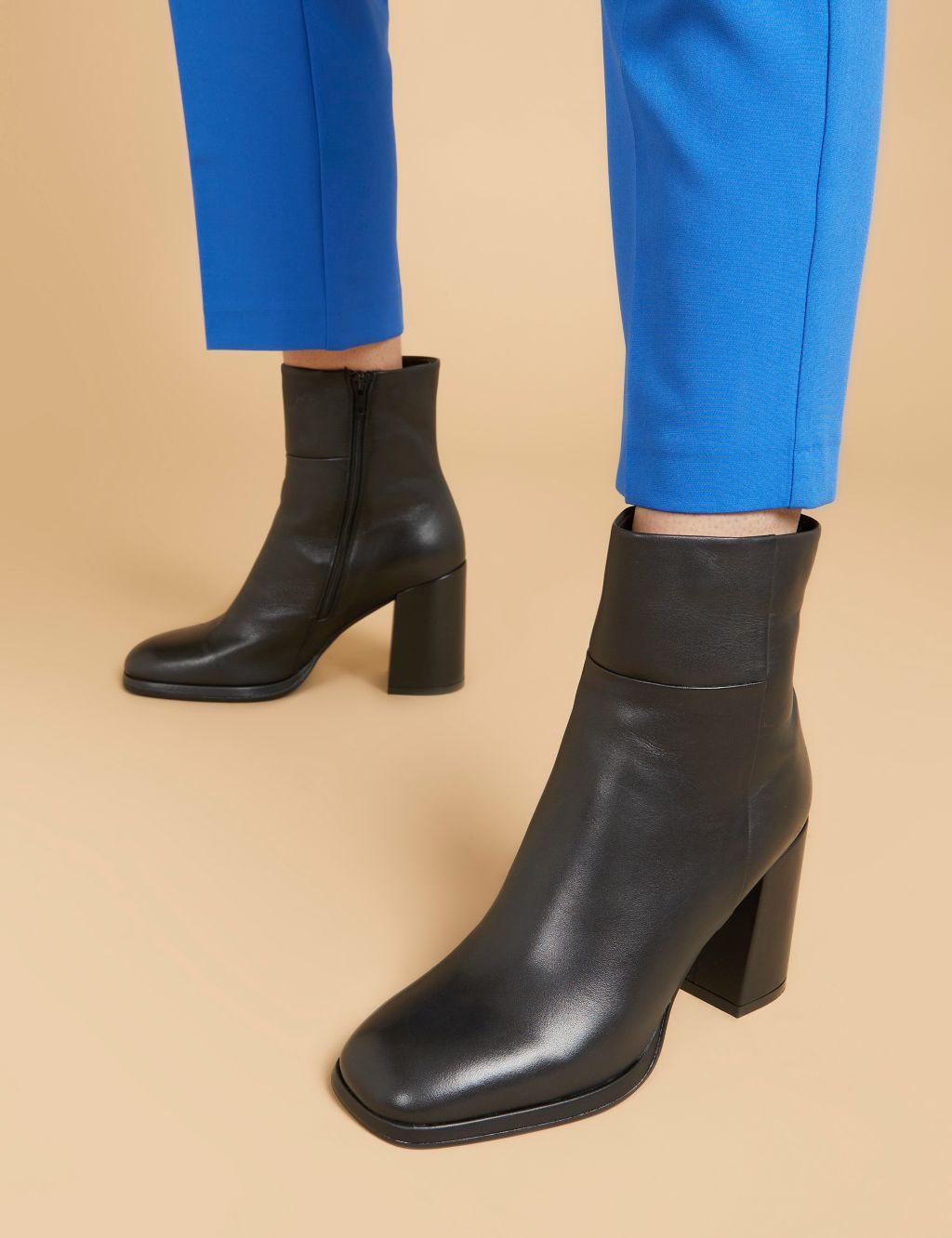 Leather Block Heel Square Toe Ankle Boots