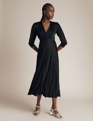 Ghost Womens V-Neck Button Through Midaxi Tea Dress - Black, Black