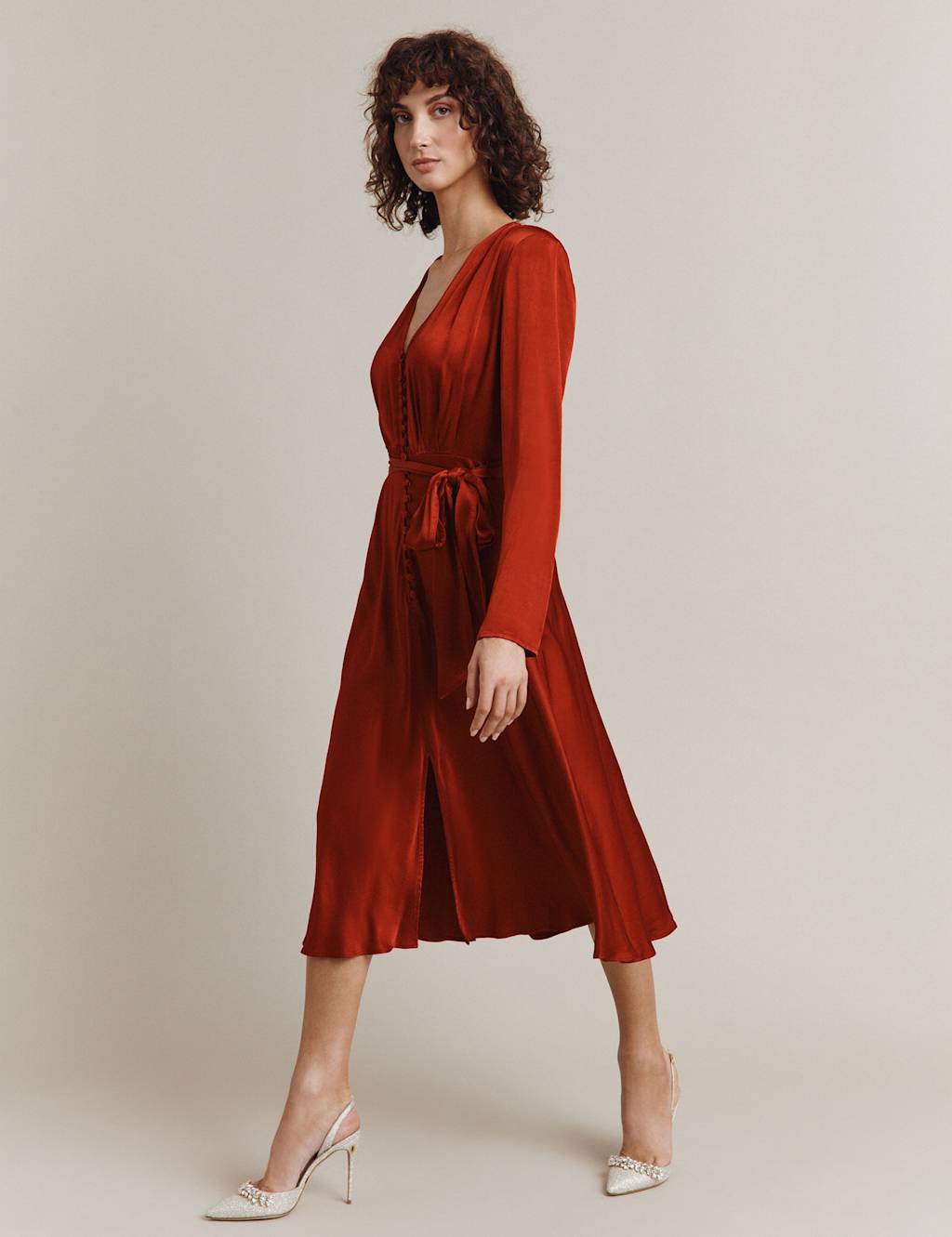 Satin V-Neck Tie Waist Midi Waisted Dress image 3