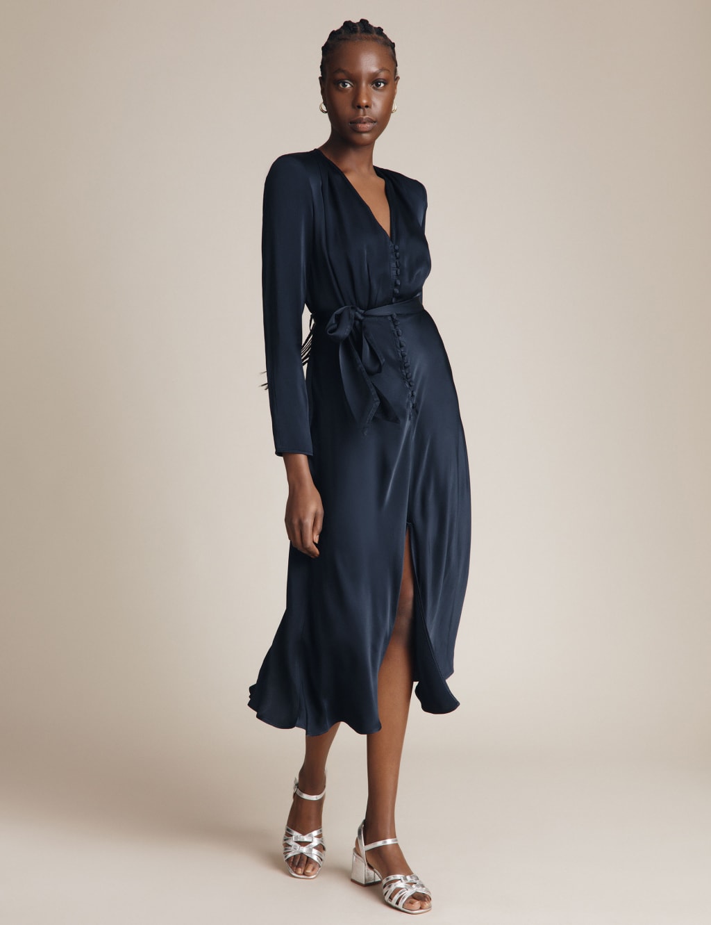 Satin V-Neck Tie Waist Midi Waisted Dress image 4