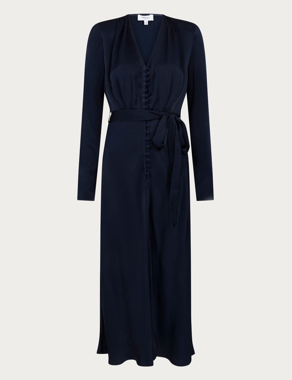 Satin V-Neck Tie Waist Midi Waisted Dress image 2