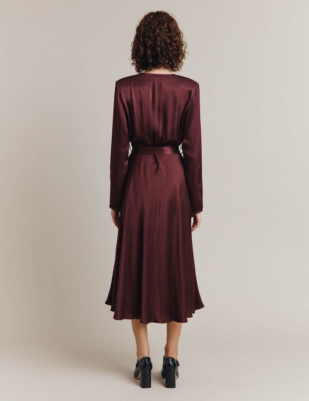 Satin V-Neck Tie Waist Midi Waisted Dress image 4