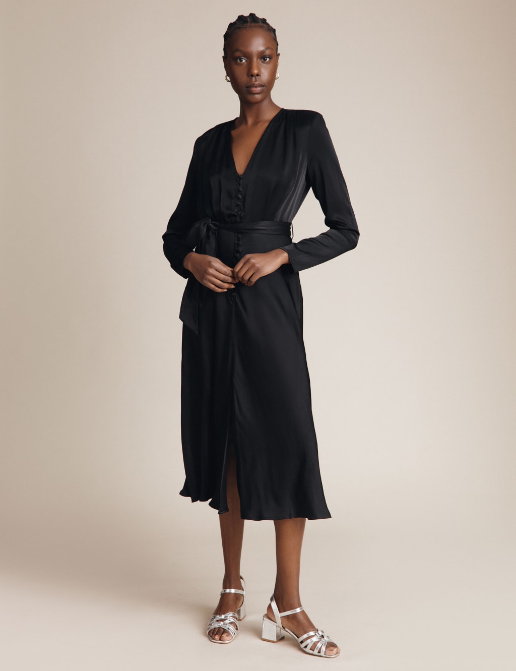 Satin V-Neck Tie Waist Midi Waisted Dress image 2